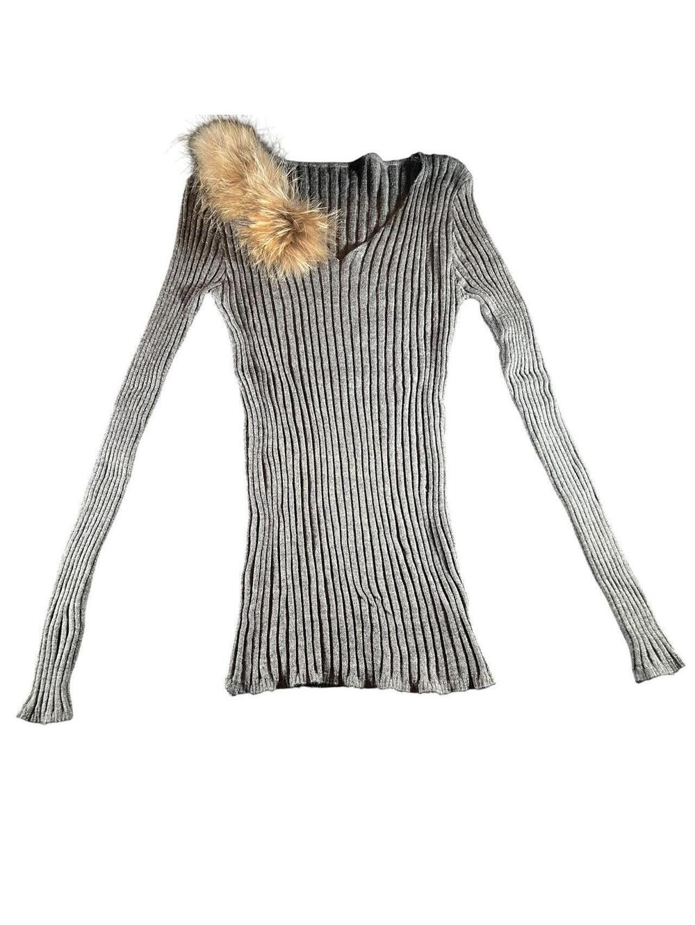 Gray Ribbed Knit Fur Accent Long Sleeve Top